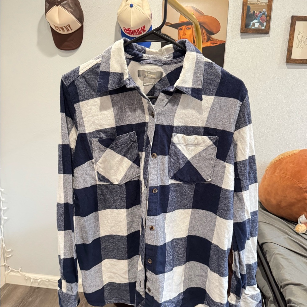 Navy and White Plaid Button-Up Shirt